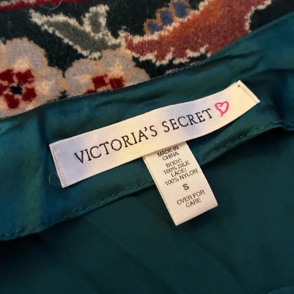 Victoria's Secret Vintage Emerald Silk Slip Dress with Black Lace Trim - Picture 3 of 3